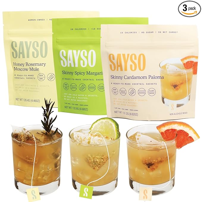 SAYSO Skinny Spicy Margarita, Honey Rosemary Moscow Mule & Skinny Cardamom Paloma Cocktail Tea Bags - Instant Cocktail or Mocktail Mixers - No Hot Water - Home Bar - Organic Ingredients, 3-Pack