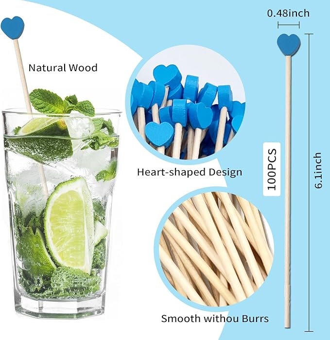 100-Piece 6Inch Rock Candy Sticks with Heart-Shaped Wooden Sticks for Lollipop, Coffee, Appetizer Skewers (Blue)