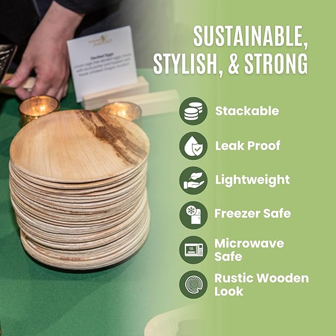 Dtocs Palm Leaf Plates 10 Inch Round (50) | Bamboo Plates Disposable Like Compostable Dinnerware Set for Party, Dinner, Serving Platters, Charcuterie Boards | Alternate to Plastic, Wood, Paper Plate