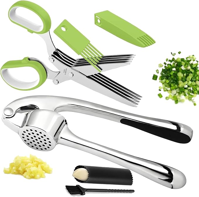 Garlic Press and Herb Scissors Set, 6 Pieces with Garlic mincer and Multipurpose Scissors, Rustproof Tools for Kitchen Use. (Silver+Green)