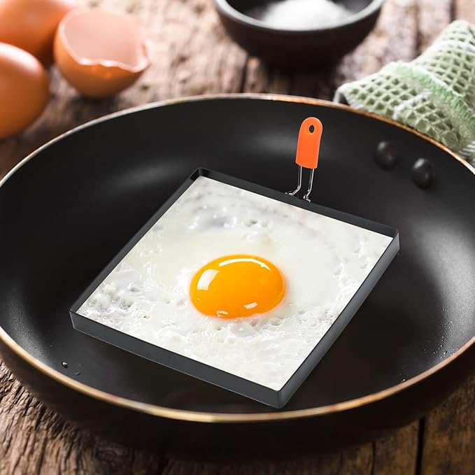 Patelai 4 Pcs Square Egg Rings 8 Inch Large Pancake Molds Stainless Steel Griddle Omelette Rings with Orange Silicone Handle Oil Brush for Household Breakfast Omelette Sandwich Cooking Tool