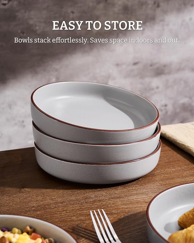 famiware Mercury Pasta Bowls Set of 8, 33 oz Large Salad Bowls, Ceramic Pasta Plates Bowls, Serving Bowls for Kitchen, Microwave & Dishwasher Safe, Light Gray