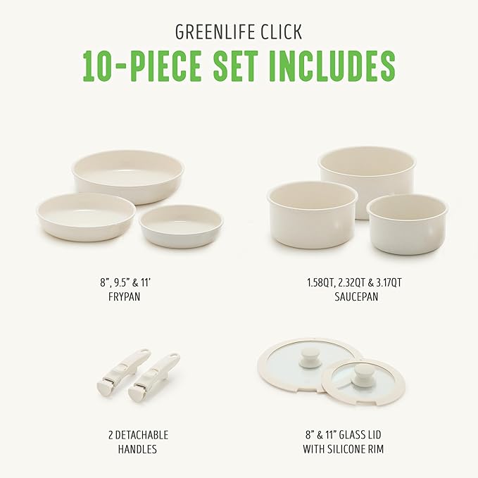 GreenLife 10 Piece Nonstick Pots & Pans Set, Detachable Handle & Stackable Cookware Set, Non Toxic PFAS-Free Skillets, Induction Kitchen Pans, Space Saving, Serving Bowls, Oven Safe, Speckled Cream