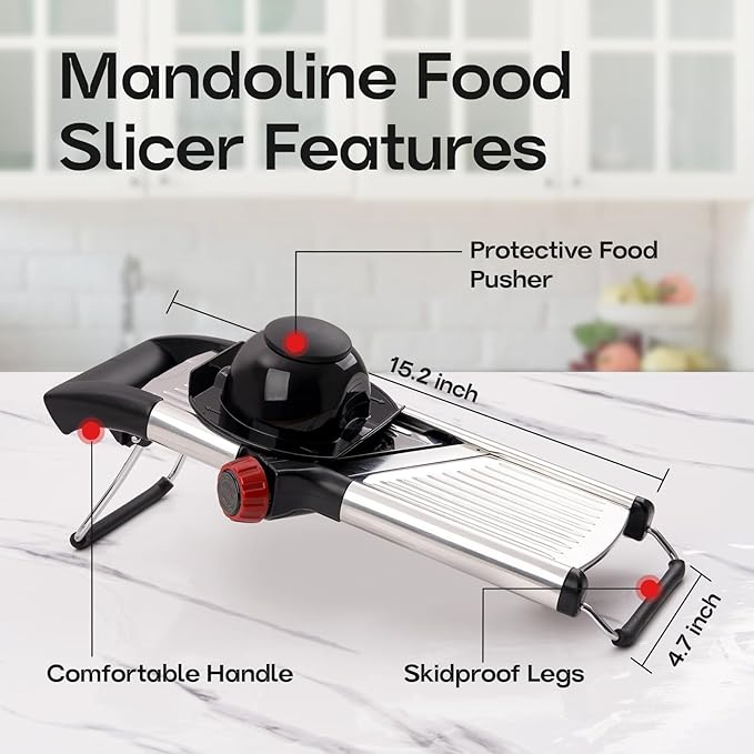 X Home Adjustable Mandoline Slicer for Kitchen, Stainless Steel Food Slicer, Vegetable Slicer for Cucumber, Potato, Carrot, Onion, Cleaning Brush & Food Pusher Included, Easy to Use & Clean