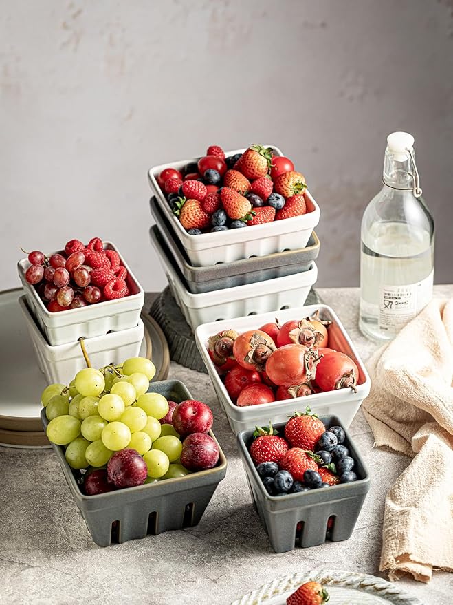 Gomakren Fruit Bowl with Holes, Ceramic Berry Basket Set of 2, 5.7 Inch Square Fruit Basket for Kitchen Counter, Rustic Berry Containers, Farmhouse Kitchen Decor - Cream White