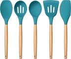 E-far Silicone Cooking Utensils Set, 5-Piece Kitchen Utensils Set with Wooden Handle for Cooking, Silicone Kitchen Nonstick Tools Spatula Turner Slotted Spoons, Nontoxic & Heat Resistant-Blue