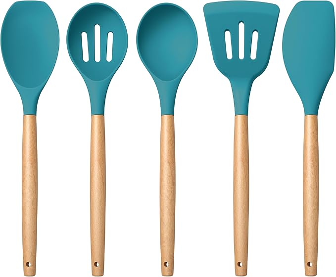 E-far Silicone Cooking Utensils Set, 5-Piece Kitchen Utensils Set with Wooden Handle for Cooking, Silicone Kitchen Nonstick Tools Spatula Turner Slotted Spoons, Nontoxic & Heat Resistant-Blue