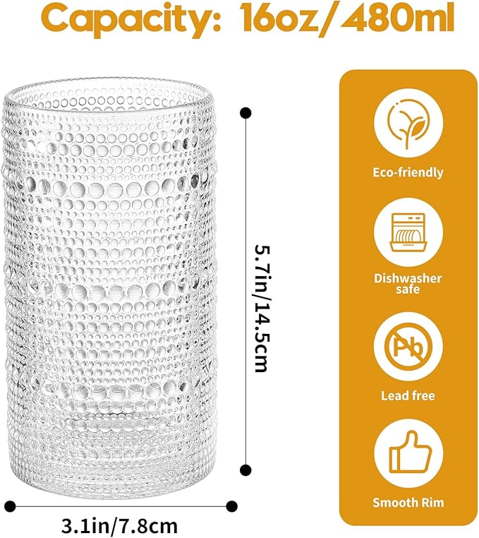 Vintage Hobnail Drinking Glasses Set of 12, 16 oz Large Capacity Embossed Clear Tumblers, Highball Glasses for Water, Cocktail, Beer, Whiskey, Kitchen & Bar Use