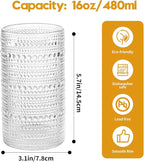 Vintage Hobnail Drinking Glasses Set of 12, 16 oz Large Capacity Embossed Clear Tumblers, Highball Glasses for Water, Cocktail, Beer, Whiskey, Kitchen & Bar Use