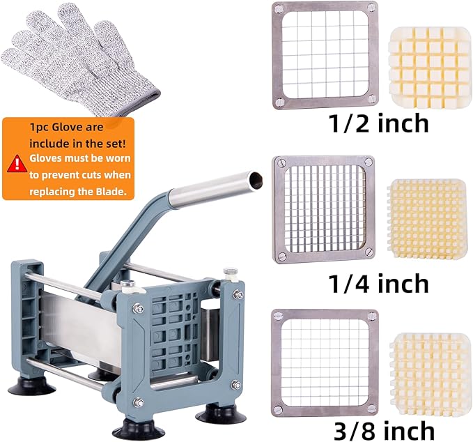 Rismonar French Fry Cutter Stainless Steel Potato Slicer With 1/2in 1/4in 3/8in Blade for Carrots Cucumbers Vegetables (Green, Machine + 1/2 & 1/4 & 3/8)