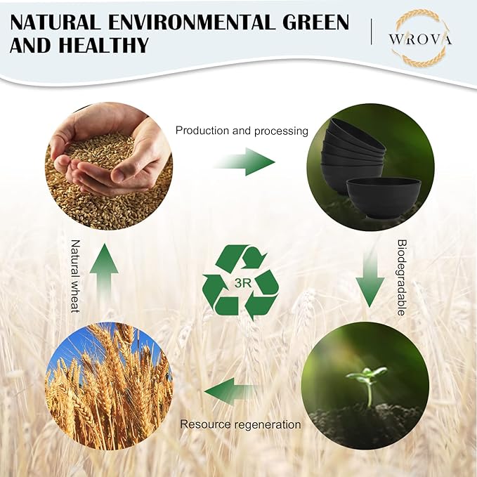 Wheat Straw Bowls Set 60 OZ Unbreakable Large Cereal Bowls Set of 6 Microwave and Dishwasher Safe Bowls Big Bowls for Camping and Picnic BPA Free Soup Bowl for Serving Oatmeal and Salad. Black