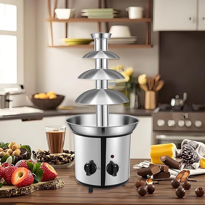 Chocolate Fountain Machine – Electric Stainless Steel Fondue Fountain, 4-Tier, 4-Pound Capacity for Chocolate, Candy, Butter & Cheese, Heated Bowl & Dual Controls