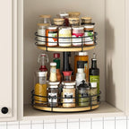 Two Tier Lazy Susan Organizer Turntable Height Adjustable, 12 Inch Wood Lazy Susan 2 Tier, Rotating Spice Rack Organizer for Cabinet Dining Table Top Kitchen Bathroom Countertop Black