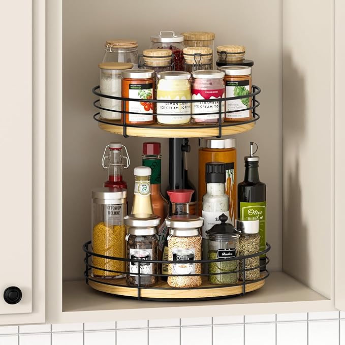 Two Tier Lazy Susan Organizer Turntable Height Adjustable, 12 Inch Wood Lazy Susan 2 Tier, Rotating Spice Rack Organizer for Cabinet Dining Table Top Kitchen Bathroom Countertop Black