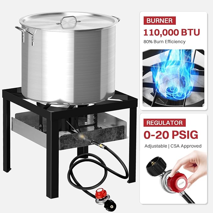 100QT Crawfish Boiler | Seafood Boiling Kit | Dustproof Cover & 16" Skimmer Included | 110,000BTU Propane Jet Burner | 0-20 PSI CSA Certified Regulator | Crab Boil Pot for Outdoor Backyard Cooking