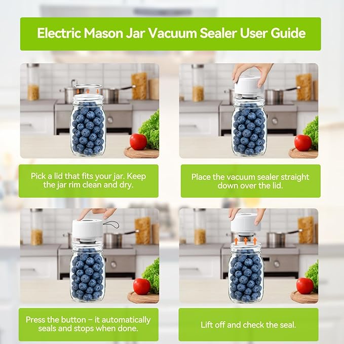 3-in-1 Electric Mason Jar Vacuum Sealer Kit for Mason Jars, Food Savers & Containers | Food Preservation System for Kitchen | Ideal for Canning Jams, Pickles, Dry Foods, Grains & Leftovers (White)