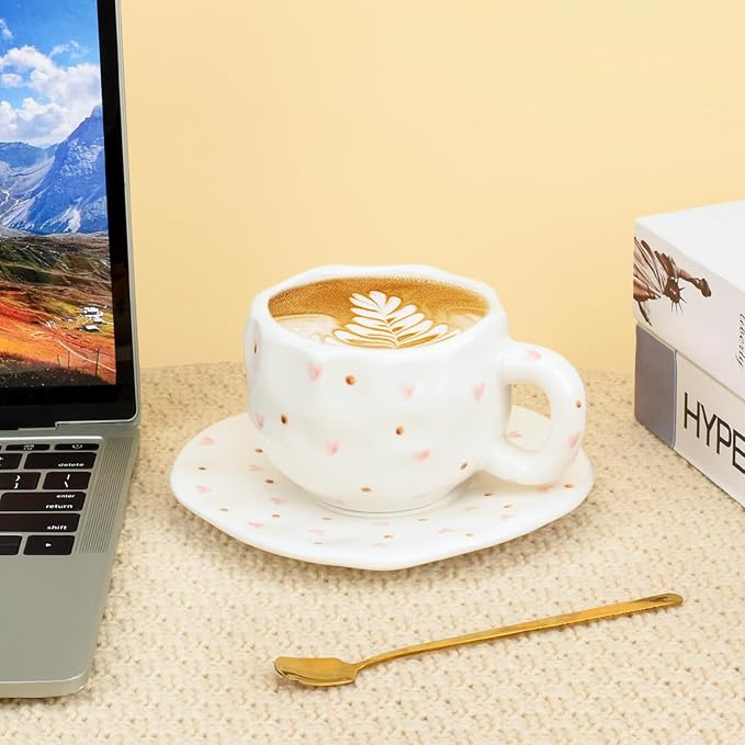 Koythin Ceramic Coffee Mug with Saucer Set, Cute Red Heart Dots Cup Unique for Office and Home, 10 oz/300 ml for Latte Tea Milk