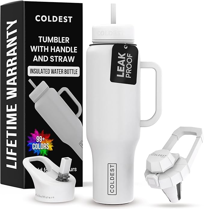 Coldest Tumbler with Handle and Straw - 100% Leak Proof Insulated Tumbler with Lid and Straw (3 Lids) - Stainless Steel Tumblers for Women & Men - Cup Holder Friendly Base, 46 oz (Epic White)