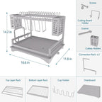 B-Land Dish Drying Rack: 2 Tier Dish Racks for Kitchen Counter - Large Rust Proof Dish Drying Rack with Aluminum - Detachable Dish Drainer Organizer with Utensil Holders Drainboard Silver