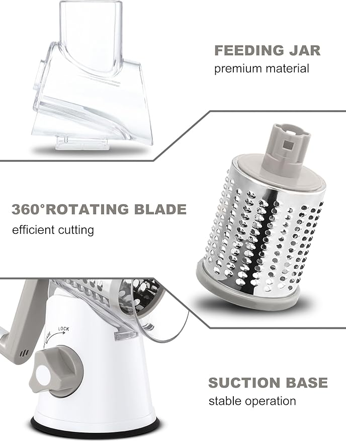 Cheese Grater Rotary, Rotary Grater for Kitchen, Kitchen Grater Vegetable Slicer with 3 Drum Blades, Fast Cutting Cheese Shredder for Vegetables and Nuts