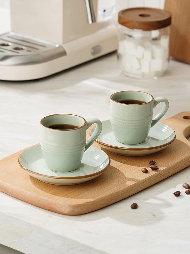 amiware Jupiter Espresso Cups and Saucers Set of 4, 3 oz Ceramic Small Coffee Mug with Handle, Spiral Stoneware Demitasse Cup for Tea, Latte, Cafe - Microwave & Dishwasher Safe, Light Green