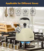 Tea Kettle, 2 Quart Stainless Steel Whistling Tea Kettle, Stovetop Whistling Teakettle Tea Pots for Stove Top with Ergonomic Folding Handle, Small Teapot, Water boiler for Tea, Coffee (White)