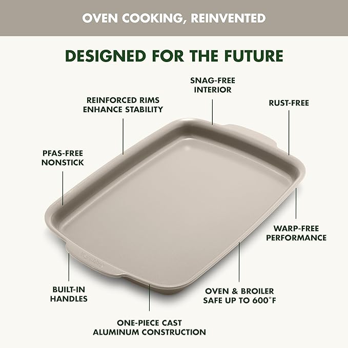 GreenPan Premiere Ovenware Healthy Ceramic Nonstick 13" x 9" Quarter Sheet Baking Pan, PFAS-Free, Warp-Free Bakeware, Durable Quick Heating, Oven & Broiler Safe to 600F, Dishwasher Safe, Taupe