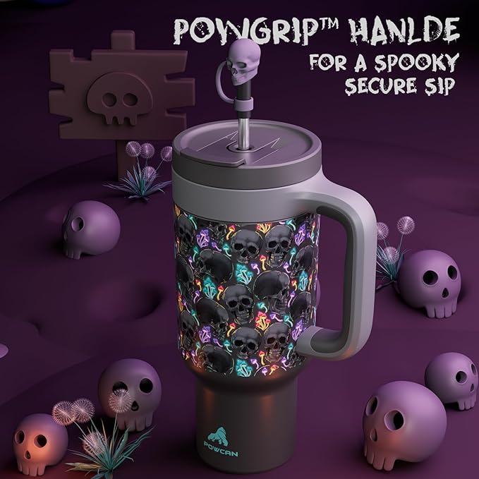 40 oz Halloween Tumbler with Handle, Glow-in-the-Dark, 2-in-1 Straw Lid, Leakproof, Insulated Stainless Steel Travel Coffee Mug, Keeps Cold for 34 Hours, Fits in Car Cup Holder (Spooky Skull)