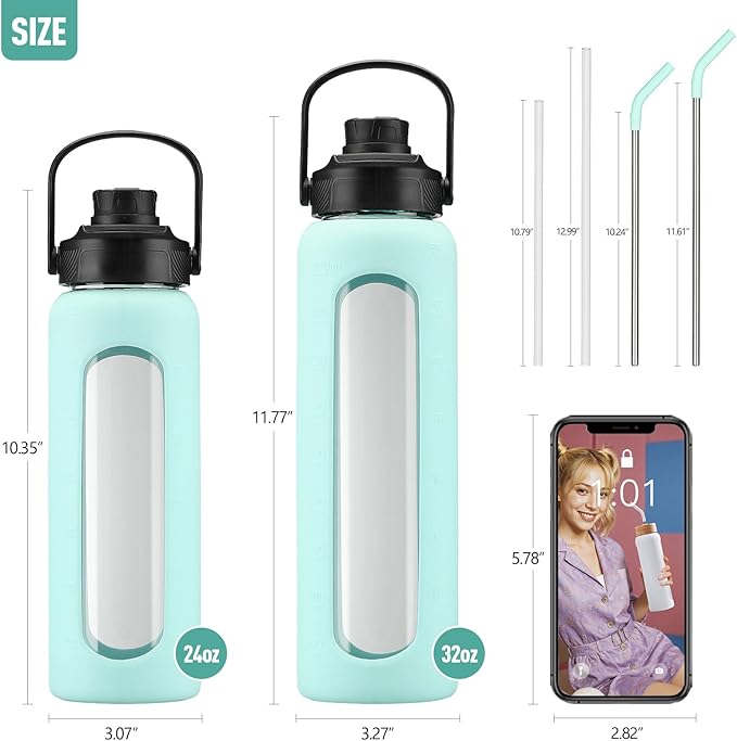 Kodrine Water Bottle with Straw, 24 oz Glass water Bottle with 2 Lids Bamboo Straw Lid and Spout Lid with Handle, 32 oz Clear Water Bottle Glass for Sports Travel, Waterbottle with Time Marker