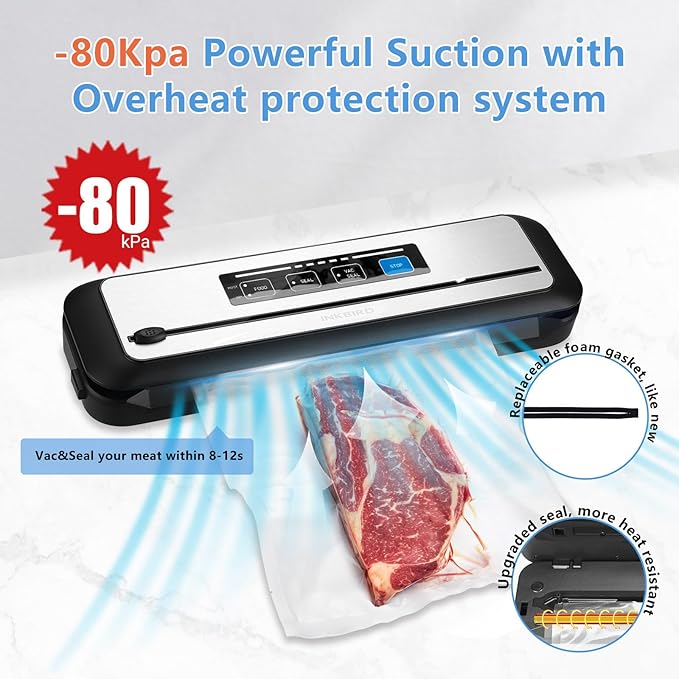 Inkbird Vacuum Sealer Machine with Starter Kit, Automatic PowerVac Air Sealing Machine for Food Preservation, Dry & Moist Sealing Modes,Built-in Cutter,Easy Cleaning Storage