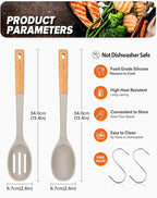 Silicone Cooking Spoons, Great for Scooping Sides and Serving Hearty Stews, BPA-Free Matte Silicone, Wooden Handle Serving Spoon for Nonstick Cooking Surfaces (Khaki)