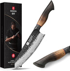 XINZUO 7.6 Inch Sharp Damascus Santoku Knife,Professional 67 Layers Damascus Steel Kitchen Meat Knife for Home and Kitchen,10Cr15CoMoV Steel Core,With White Oak + Red G10 Gasket Handle