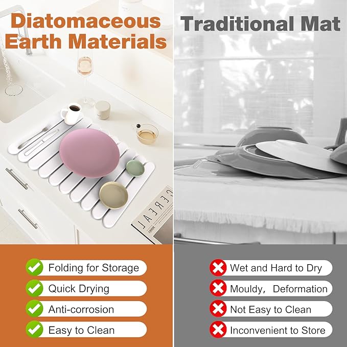 Stone Drying Mat for Kitchen Counter, Large Stone Dish Drying Mat Foldable Diatomaceous Earth Water Absorbing Mat for Dishes Bottles Cups Match Any Countertop White 24" x 16"