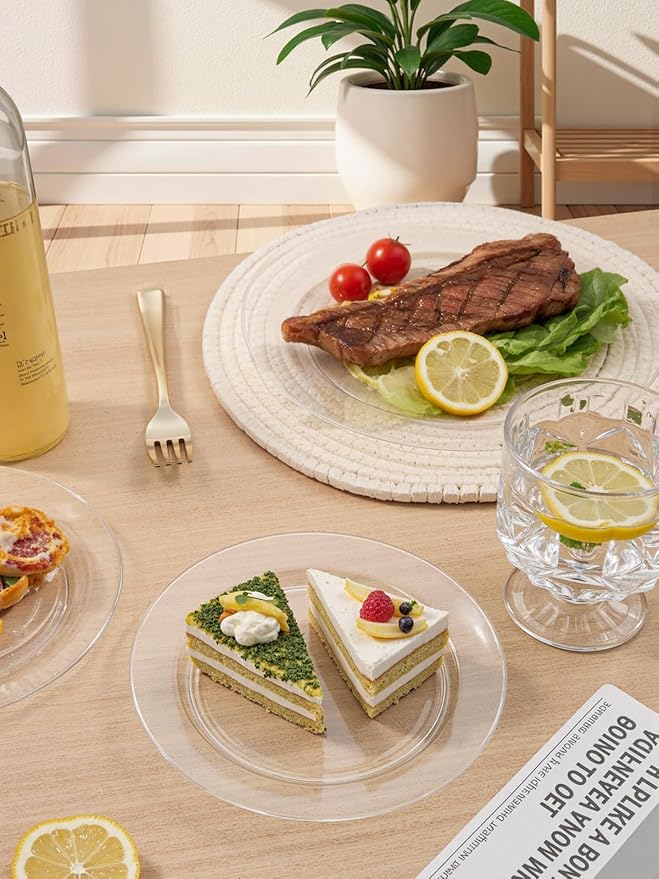 WDF 200PCS Clear Plastic Plates for Party - Heavy Duty Clear Disposable Plates - 100 x 10"Dinner Plate and 100 x 7" Dessert/Cake Plastic Plate for Weddings/Traval/Party/BBQ/Events