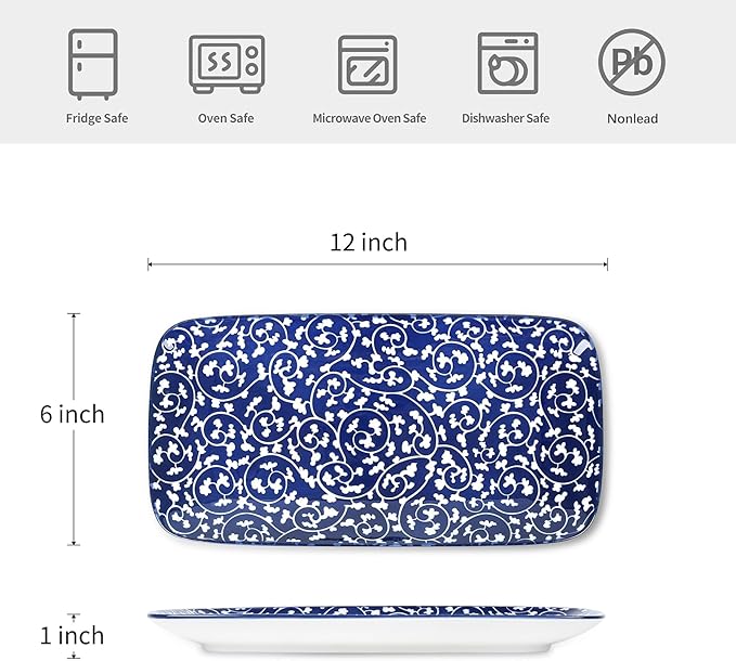 Selamica Ceramic Serving Platters, 12 Inch Serving Trays for Party Entertaining, Large Rectangular Serving Plates for Food, Set of 6, Vintage Blue