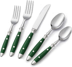 5-Piece Silverware Set, 304 Riveted Stainless Steel Flatware Set, Service for 1, Vintage Cutlery Set with Green Bakelite Handle, Mirror Polished | Rustic | Dishwasher Safe