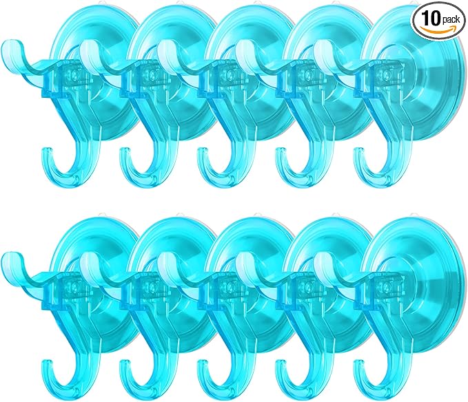 Antimbee Suction Cup Hooks,10 Pack Clear Shower Suction Hooks, Heavy Duty Vacuum Suction Cups, Removable Reusable Bathroom Suction Hook for Window, Tile Wall, Glass Door (Transparent Cyan)