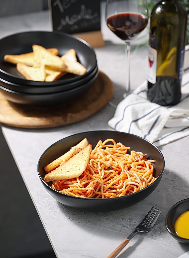 Teocera Matte Black Pasta Bowls Set of 4-35oz Large Oversized Porcelain Bowls for Spaghetti & Salad | Heat-Resistant, Chip-Resistant, Microwave & Dishwasher Safe | Smooth Non-Porous Surface
