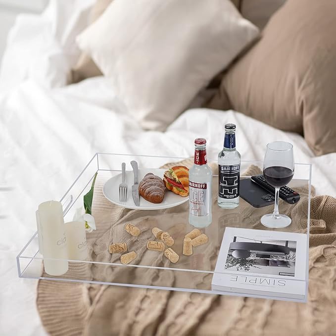 22×22 Inches Oversize Extra Large Sturdy Clear Acrylic Serving Tray King Size Decorative Big Ottoman Trays with Cut Out Handles Water Proof Bed Tray Coffee Counter Top Organizer