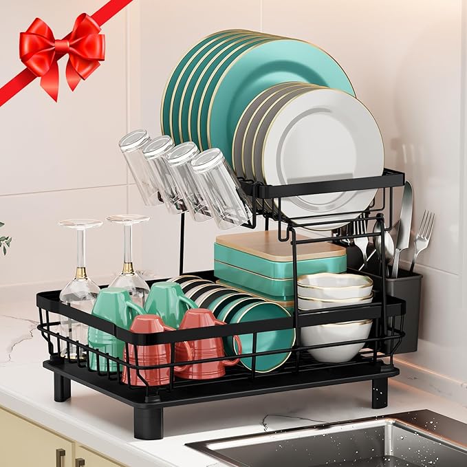MOUKABAL Dish Drying Rack, 2 Tier Dish Rack, Large Dish Racks for Kitchen Counter, Dish Drainer with Removable Utensil Holder, Drainboard (Black)