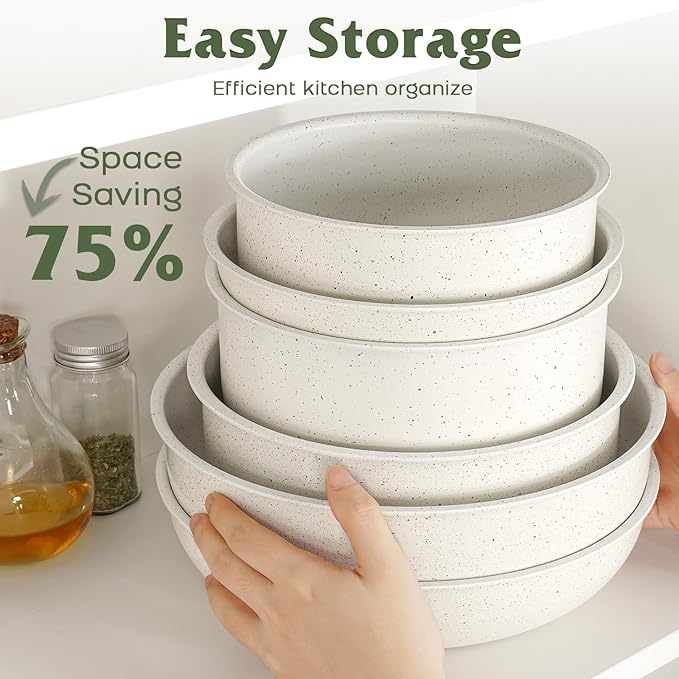 18 Pcs Pots and Pans Set Non Stick, Cookware Sets with Detachable Handle, Nonstick RV Kitchen Cooking Tools Removable Handles, Oven Safe, Induction Fast, Stackable Induction Cookware, White