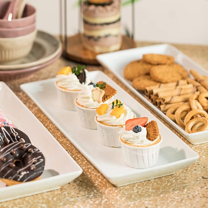 Gomakren 3 Tier Serving Stand with Porcelain Serving Platter Tray - Collapsible Gold Stand with 3 Piece Large14 Inch White Plates for Food Presentation Dessert Server Display and Entertaining