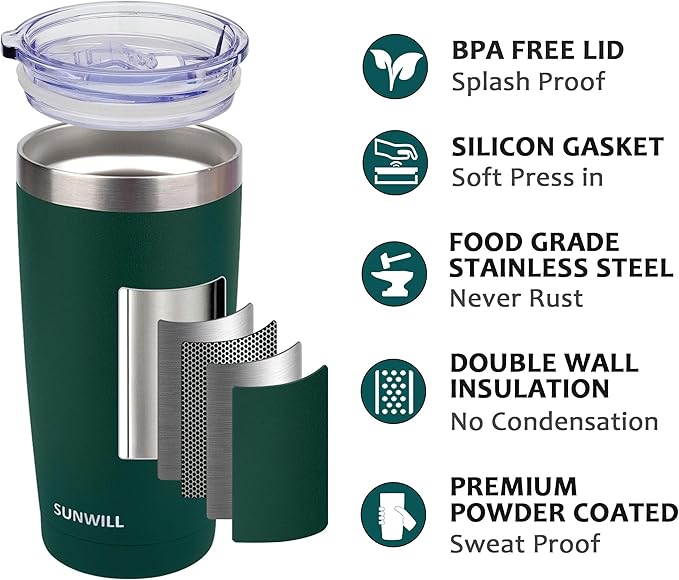SUNWILL Travel Coffee Tumbler 20 oz, Insulated Mug with Lid, Stainless Steel Cup for Outdoor, Powder Coated Dark Green