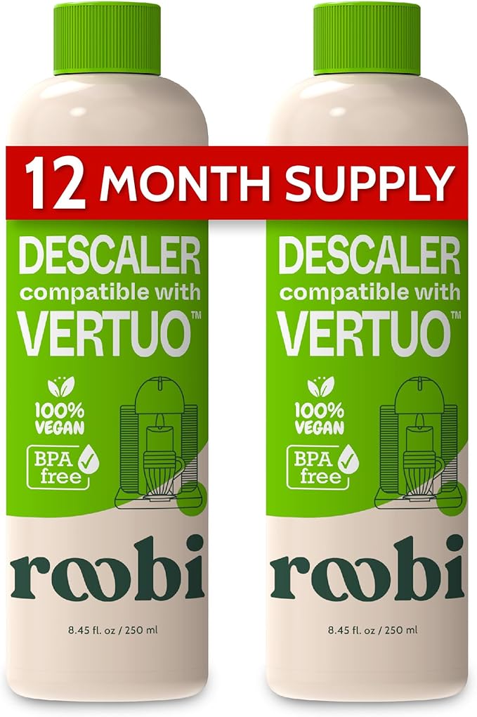 Nespresso Vertuo Compatible Descaling Solution. Eco-Friendly Formula to Clean & Descale Your Nespresso Vertuoline Machine. 2 Uses per Bottle, 2 Pack. Carbon Neutral Vertuo Descaling Kit.