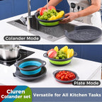 Collapsible Colander Set with Universal Draining Tray | 3-Pack Foldable Kitchen Strainers + Base | Space Saving for Pasta, Veggies, Fruit & Rice | 5 Colors (Gray-Blue-Red-Green)