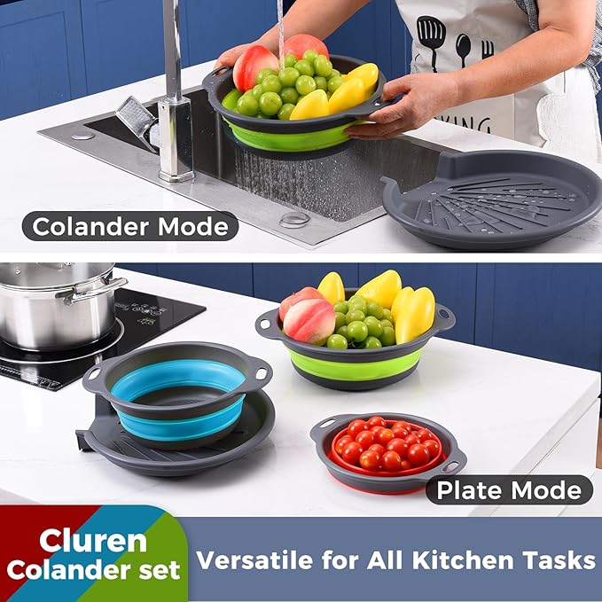 Collapsible Colander Set with Universal Draining Tray | 3-Pack Foldable Kitchen Strainers + Base | Space Saving for Pasta, Veggies, Fruit & Rice | 5 Colors (Gray-Blue-Red-Green)