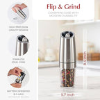 Urban Noon Gravity Salt and Pepper Grinder Set - Battery Operated Stainless Steel Mills with Light (2 Grinders) - Automatic One Handed Operation - Electric Adjustable Shakers - Ceramic Grinders