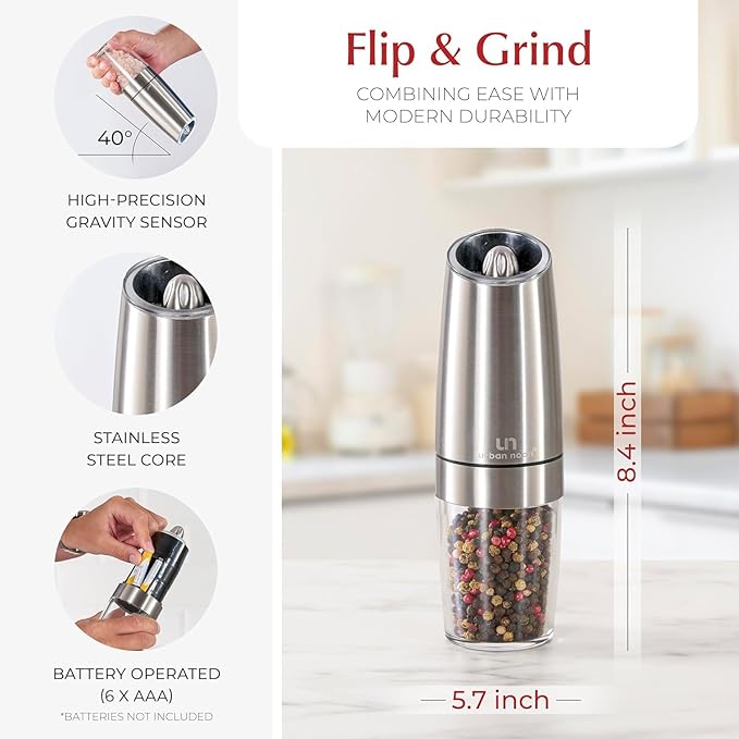 Urban Noon Gravity Salt and Pepper Grinder Set - Battery Operated Stainless Steel Mills with Light (2 Grinders) - Automatic One Handed Operation - Electric Adjustable Shakers - Ceramic Grinders