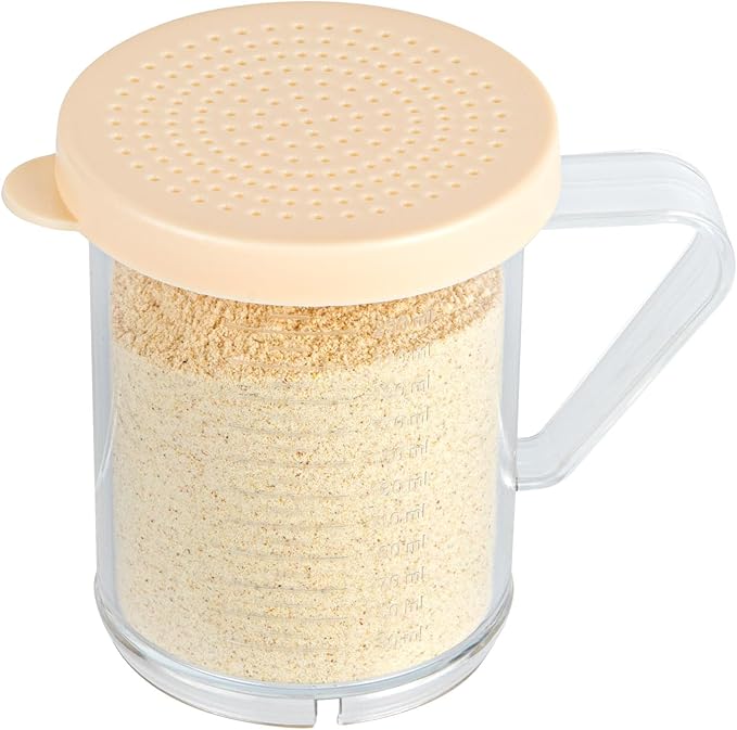 Restaurantware RW Base 10 Ounce Clear Plastic Dredge Spice Shaker 1 Reusable Dry Rub Shaker - Includes Beige Perforated Lid With Handle Clear Polycarbonate Spice Shaker For Fine Seasonings