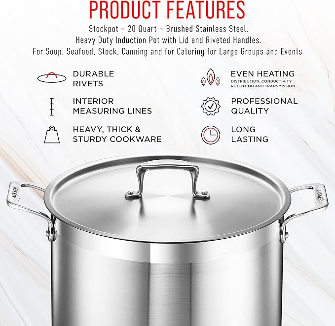 Stainless Steel Stockpot with Lid 20 Quart, Durable 18/8 Stainless Steel, Impact-Bonded Base for Even Heating, Riveted Handles, Oven & All Stove Compatible, Safe Up To 500°F (260°C)
